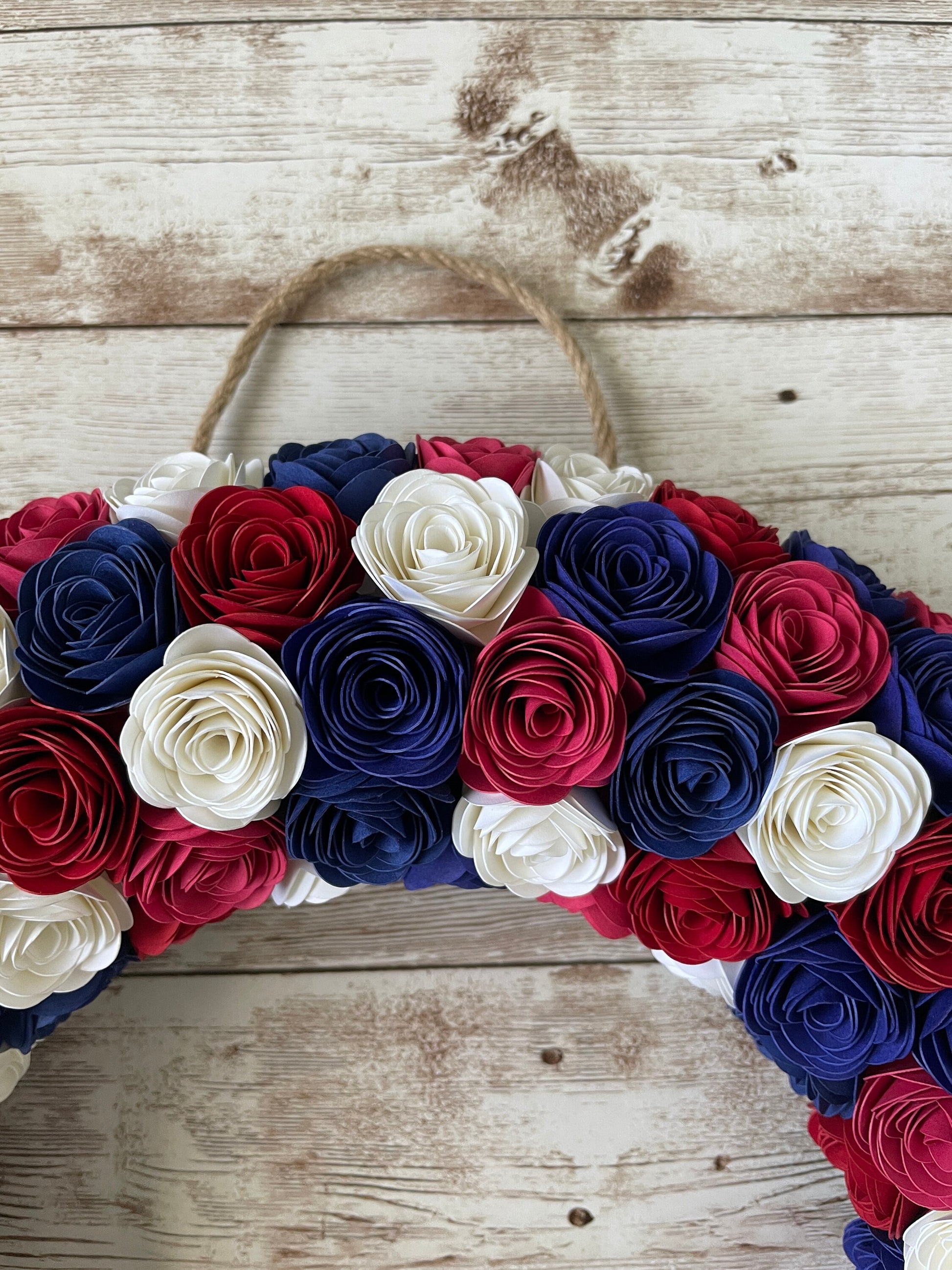 Patriotic Paper Flower Wreath | Red White & Blue Wreath | Americana Style | Door Hanger | Fourth of July | Independence Day | Rolled Flowers