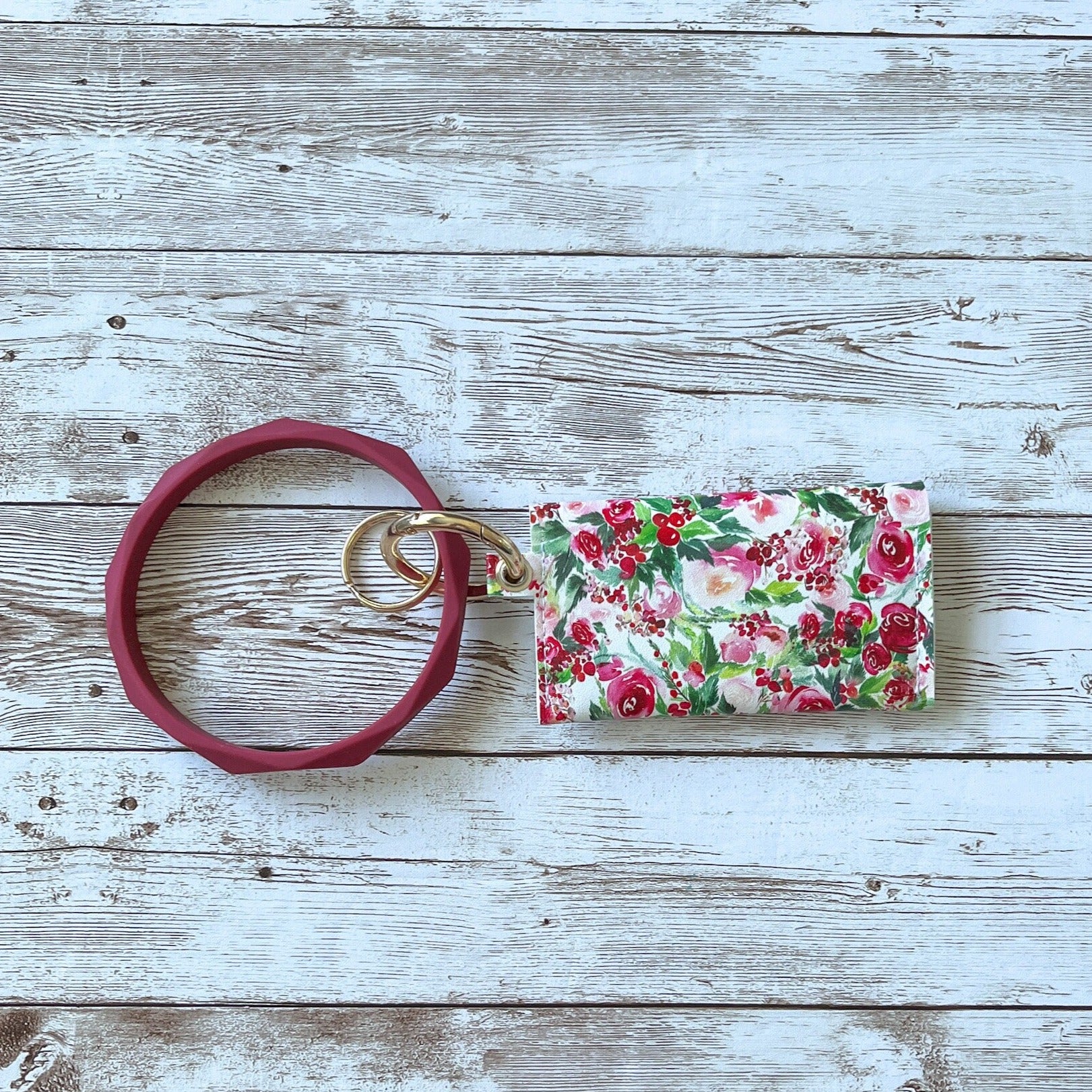 Winter Blush Floral Three-Pocket Wallet Bangle Keychain