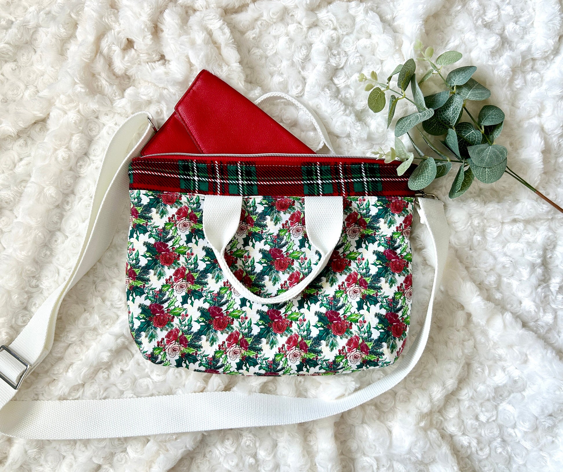 Holiday Crossbody Cotton and Flannel Purse | Christmas Crossbody | Holiday Floral and Plaid Bag | Christy Crossbody Bag