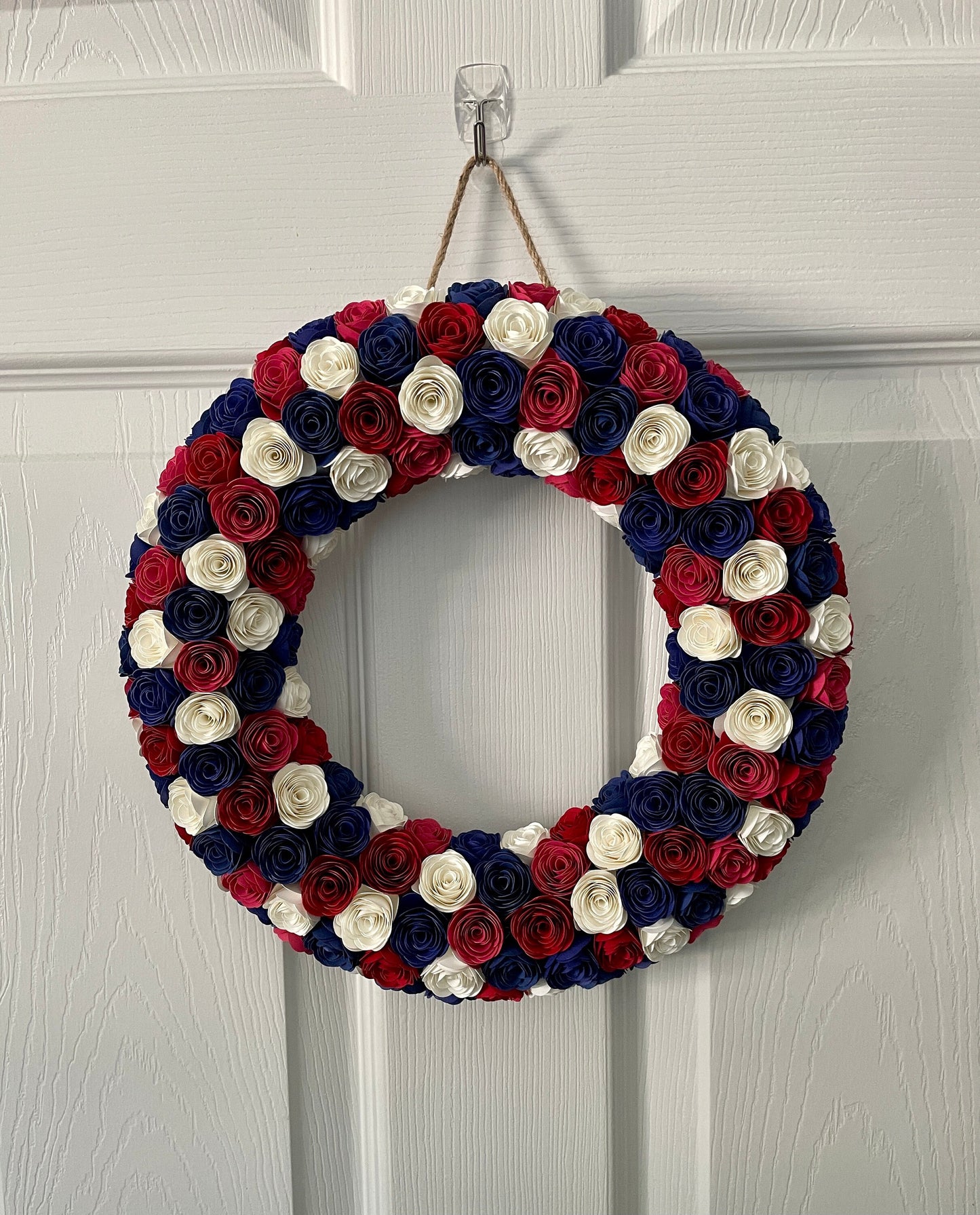 Patriotic Paper Flower Wreath | Red White & Blue Wreath | Americana Style | Door Hanger | Fourth of July | Independence Day | Rolled Flowers