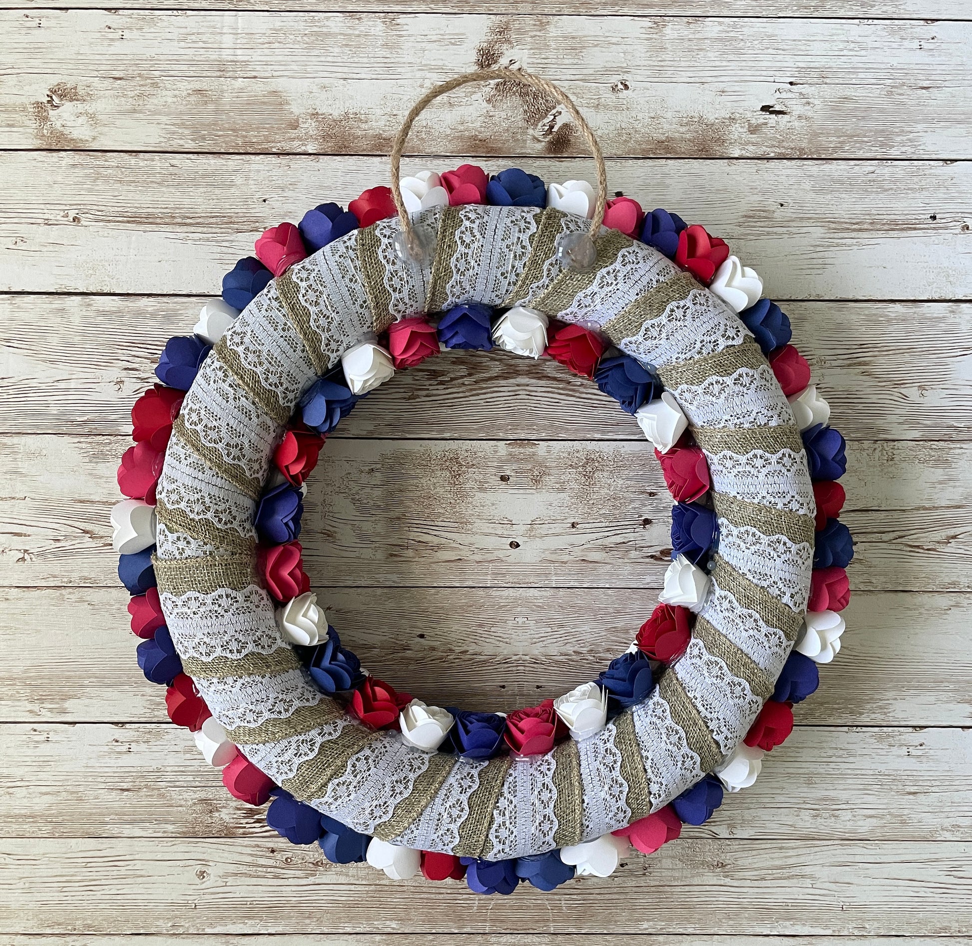 Patriotic Paper Flower Wreath | Red White & Blue Wreath | Americana Style | Door Hanger | Fourth of July | Independence Day | Rolled Flowers