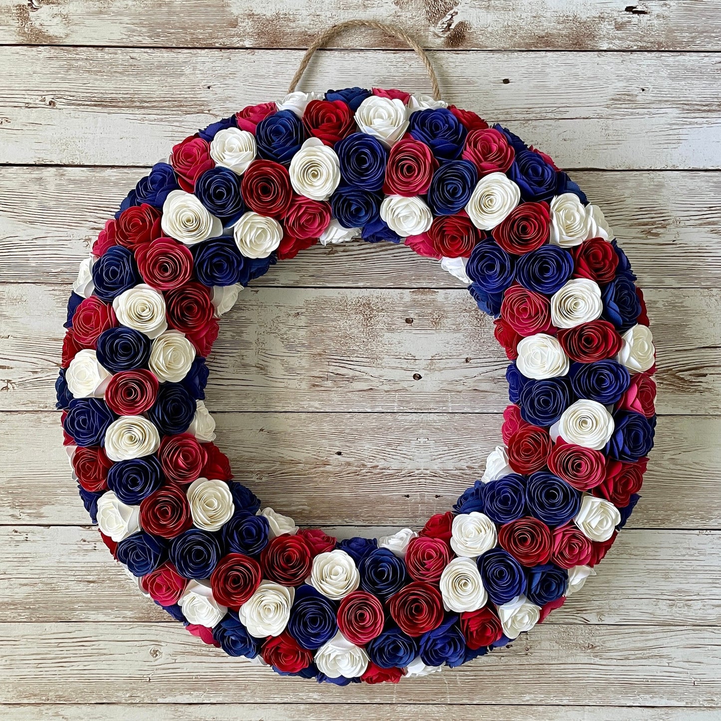 Patriotic Paper Flower Wreath | Red White & Blue Wreath | Americana Style | Door Hanger | Fourth of July | Independence Day | Rolled Flowers