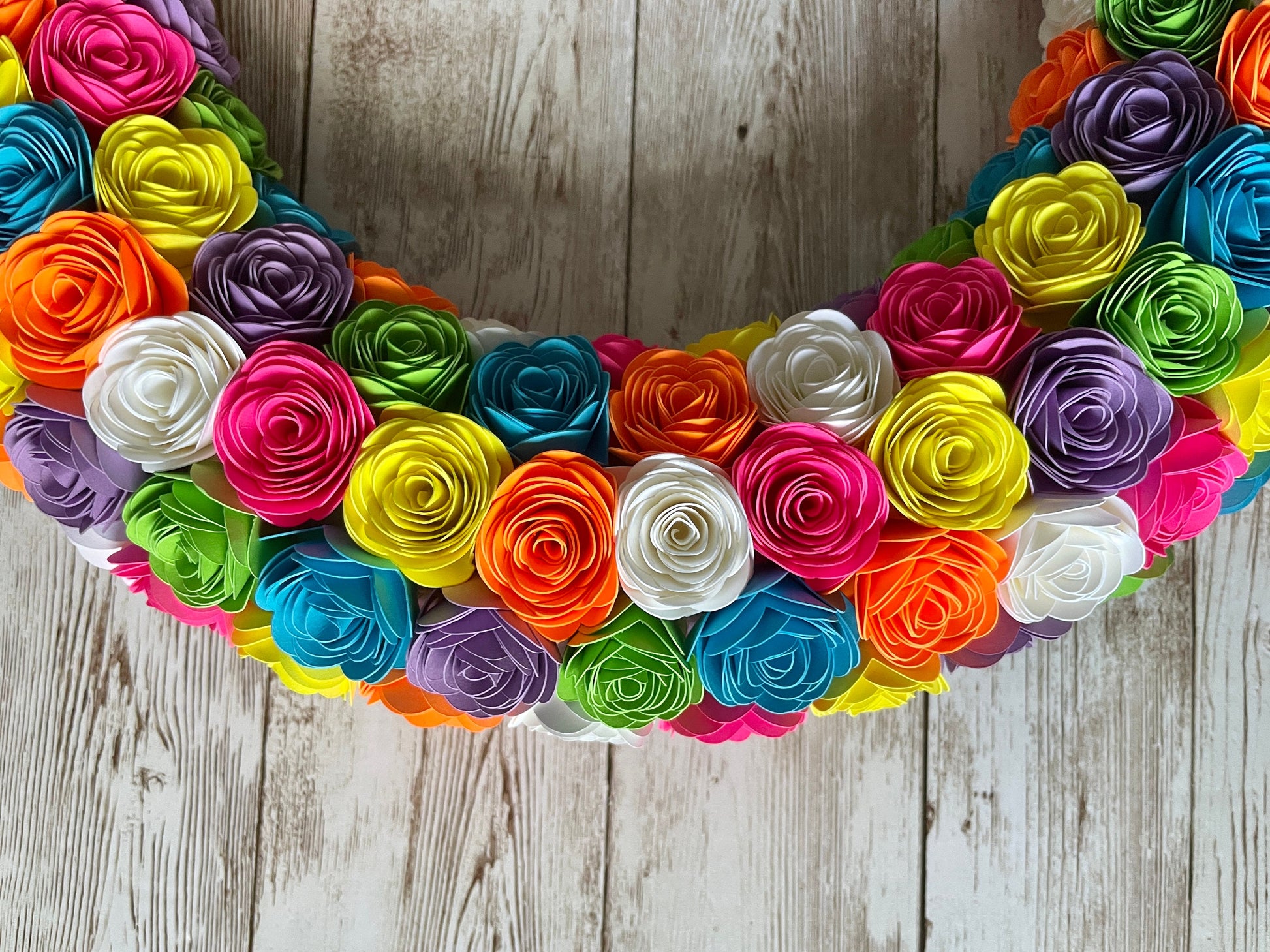 Neon Paper Flower Wreath | Summer Spring Wreath | Pink, Blue, Green, Yellow, Orange | Door Hanger | Rolled Paper Flowers