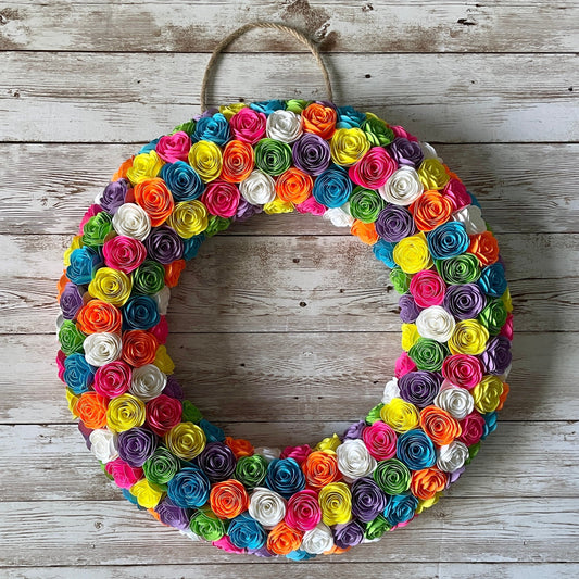 Neon Paper Flower Wreath | Summer Spring Wreath | Pink, Blue, Green, Yellow, Orange | Door Hanger | Rolled Paper Flowers