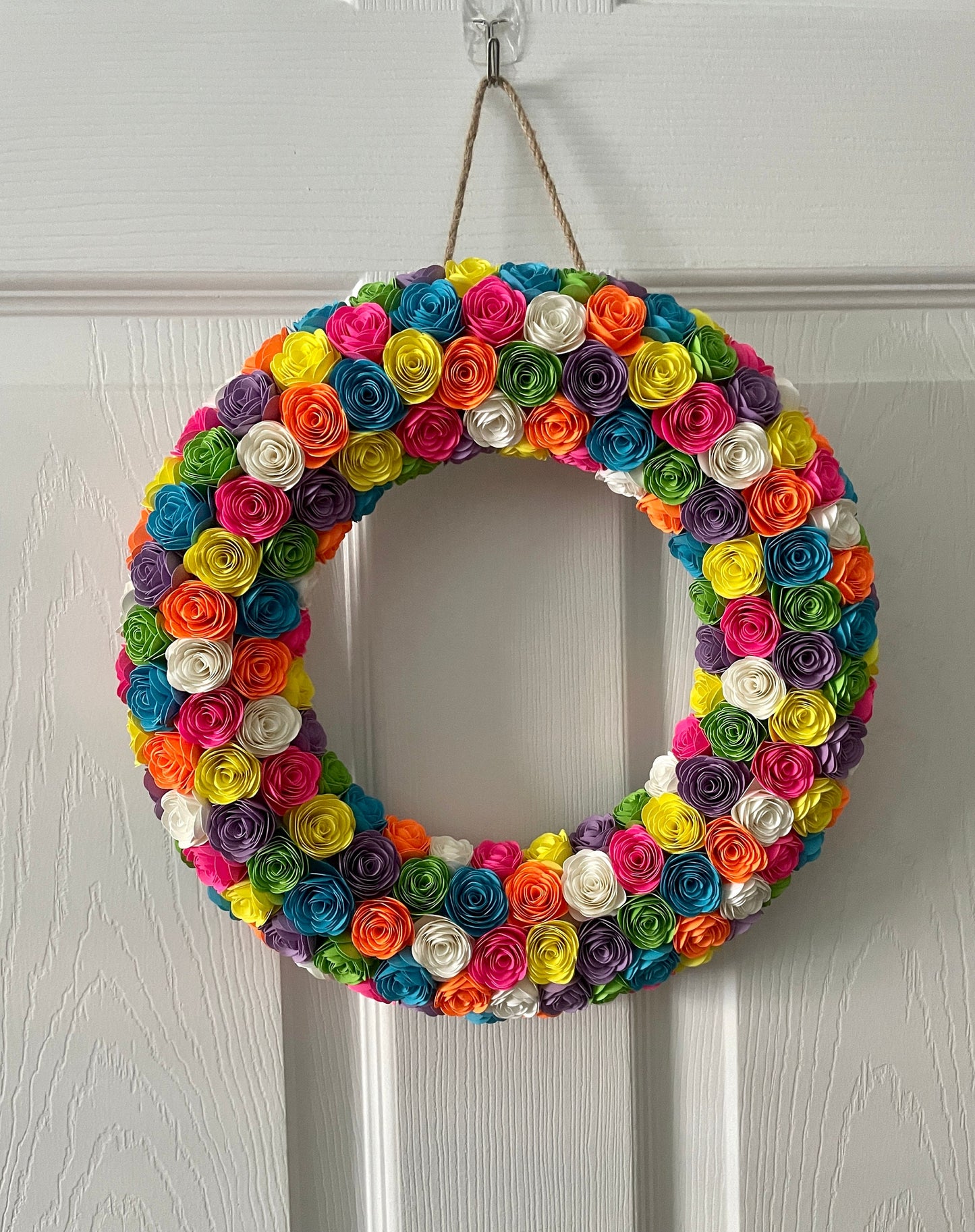 Neon Paper Flower Wreath | Summer Spring Wreath | Pink, Blue, Green, Yellow, Orange | Door Hanger | Rolled Paper Flowers