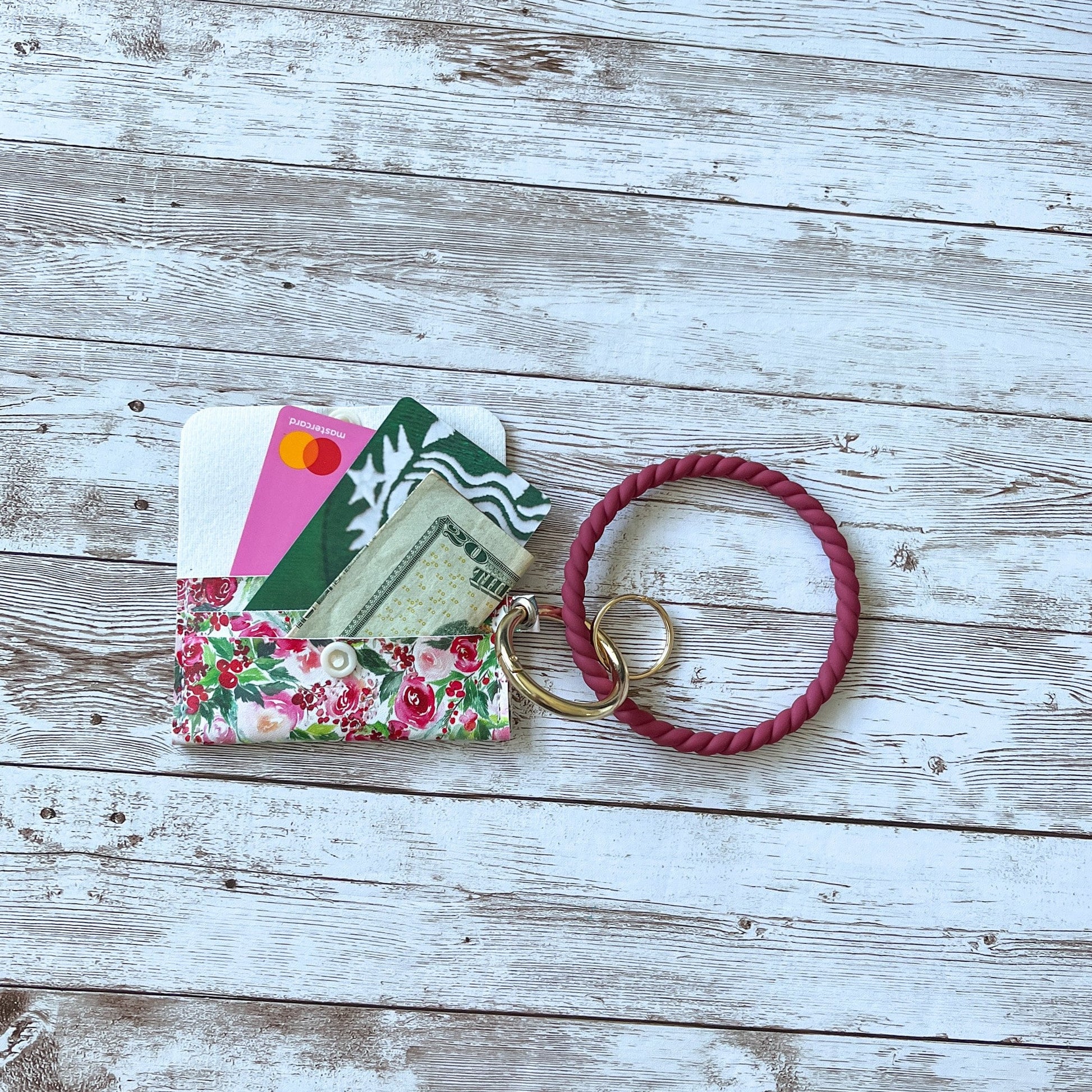 Winter Blush Floral Three-Pocket Wallet Bangle Keychain