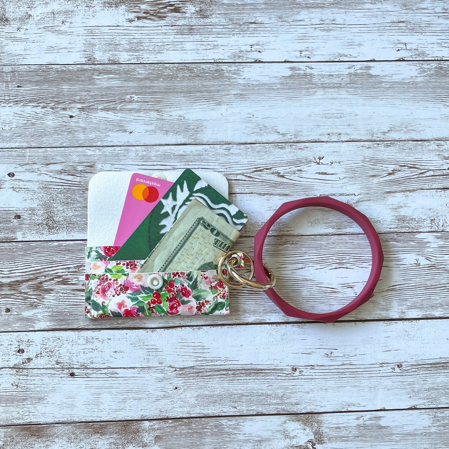 Winter Blush Floral Three-Pocket Wallet Bangle Keychain