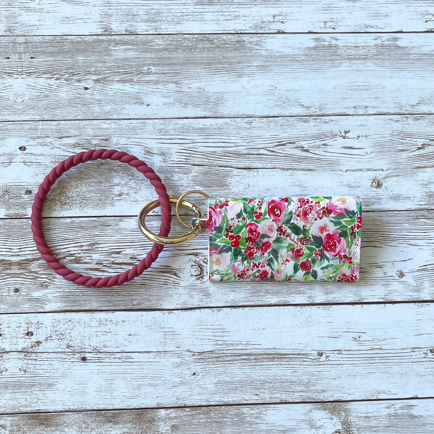 Winter Blush Floral Three-Pocket Wallet Bangle Keychain