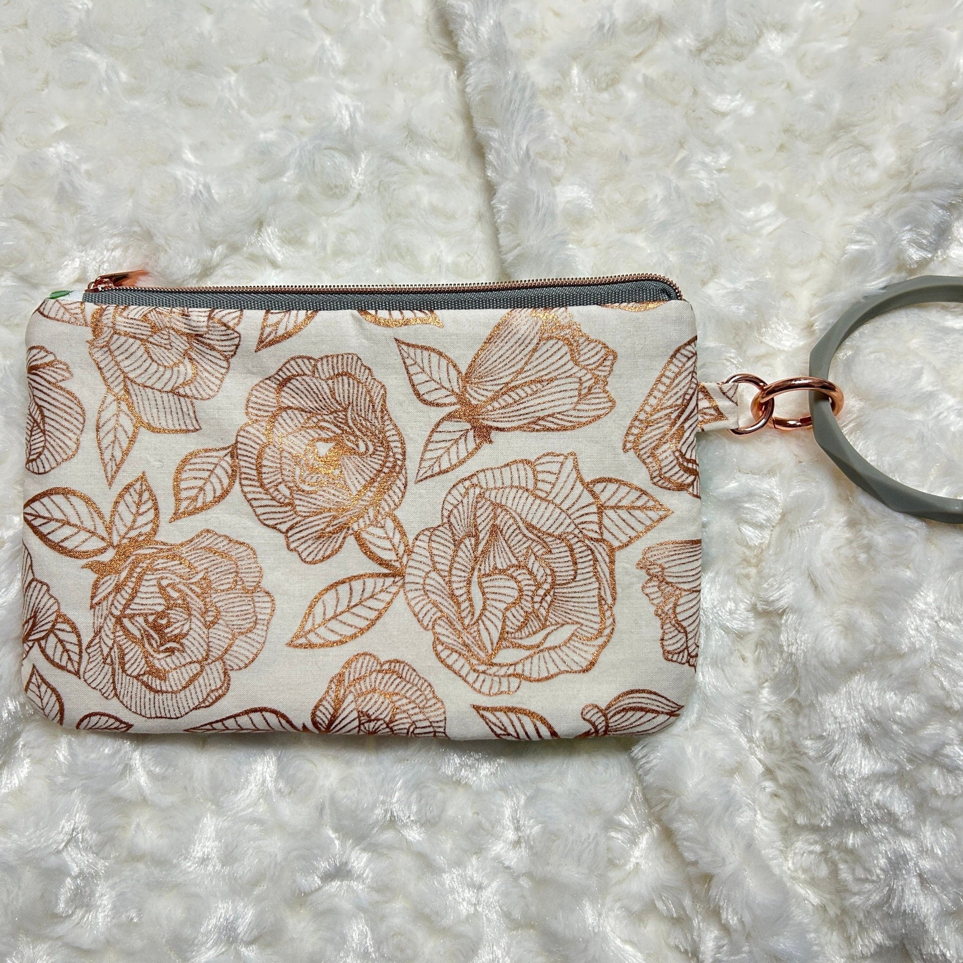 Rose Gold & Green Floral Zippered Wristlet