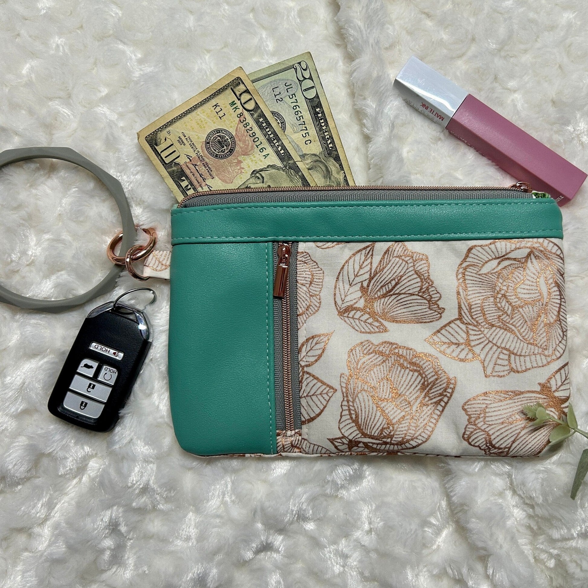 Rose Gold & Green Floral Zippered Wristlet