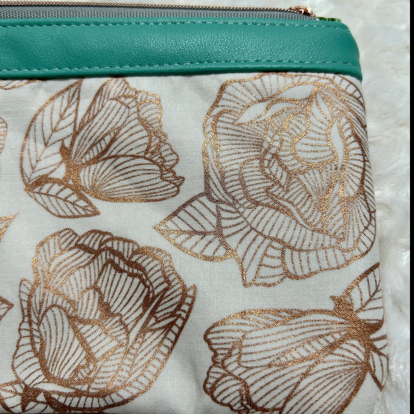 Rose Gold & Green Floral Zippered Wristlet