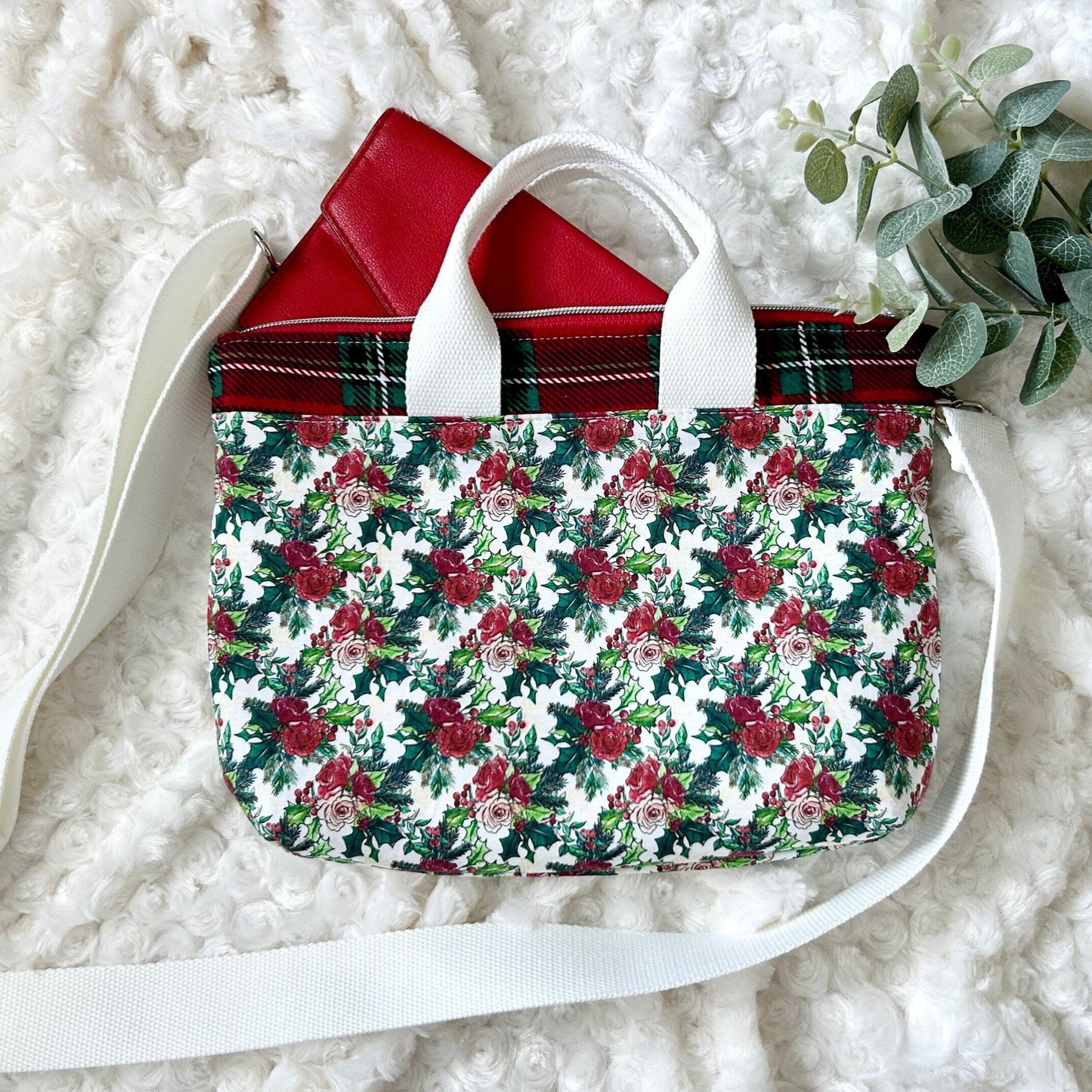 Holiday Crossbody Cotton and Flannel Purse | Christmas Crossbody | Holiday Floral and Plaid Bag | Christy Crossbody Bag